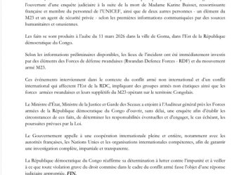 Le Gouvernement de la République démocratique du Congo annonce l’ouverture d’une enquête judiciaire afin d’établir les circonstances et les responsabilités à la suite de l’explosion survenue à Goma le 11 mars 2026, ayant causé la mort d’une agente de l’UNICEF et de deux autres personnes (Communiqué )⤵️