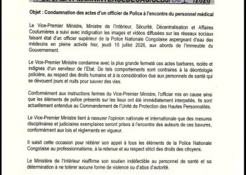 RDC : le ministère de l&rsquo;Intérieur condamne les violences policières contre le personnel médical et annonce des poursuites ( Communiqué de Presse)