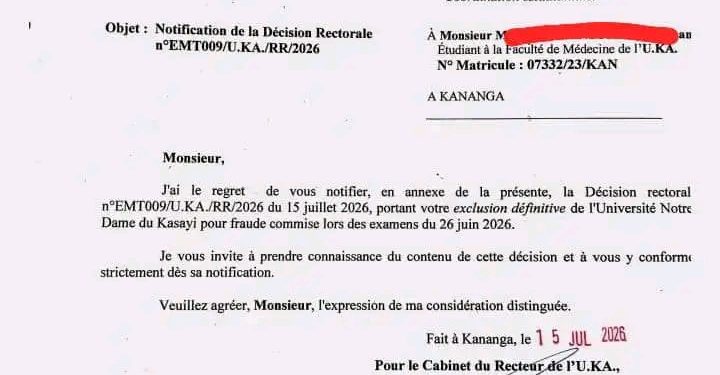 Université Notre-Dame du Kasaï (UKA) : Un étudiant de 3e année de Médecine définitivement exclu après avoir été surpris en flagrant délit de tricherie lors d&rsquo;un examen (Décision rectorale)