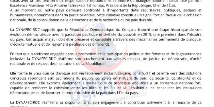 RDC :  DÉCLARATION OFFICIELLE DE LA DYNAMIQUE NATIONALE DES FEMMES CANDIDATES DE LA RÉPUBLIQUE DÉMOCRATIQUE DU CONGO (DYNAFEC-RDC)
