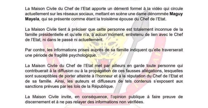 RDC : La Maison Civile du Chef de l’État dément les allégations sur une prétendue troisième épouse de Félix Tshisekedi