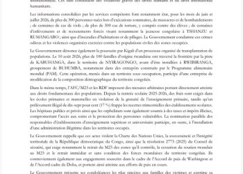 RDC : le Gouvernement dénonce de graves violations des droits humains dans les territoires occupés par RDF et leurs supplétifs de l’AFC/M23