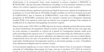 RDC : le Gouvernement dénonce de graves violations des droits humains dans les territoires occupés par RDF et leurs supplétifs de l’AFC/M23