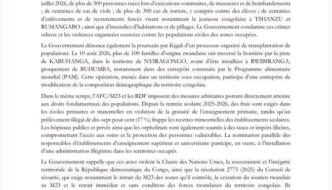 RDC : le Gouvernement dénonce de graves violations des droits humains dans les territoires occupés par RDF et leurs supplétifs de l’AFC/M23