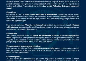 RDC : Raïssa Malu appelle à une rentrée scolaire 2026-2027 placée sous le signe de la discipline et de la persévérance