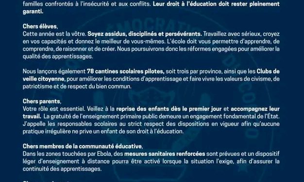 RDC : Raïssa Malu appelle à une rentrée scolaire 2026-2027 placée sous le signe de la discipline et de la persévérance