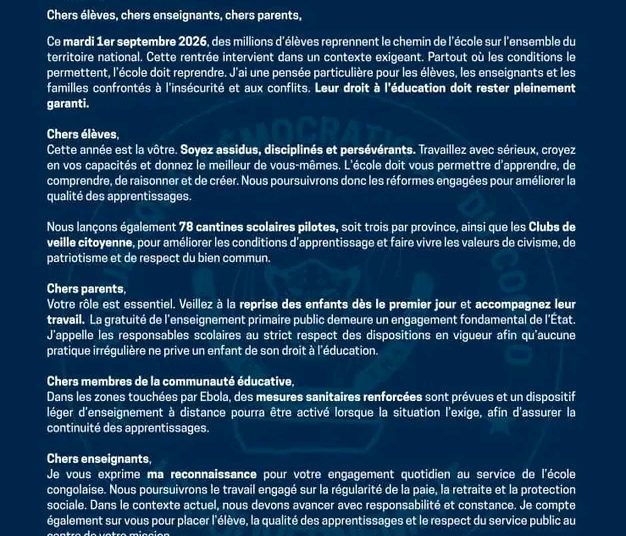RDC : Raïssa Malu appelle à une rentrée scolaire 2026-2027 placée sous le signe de la discipline et de la persévérance