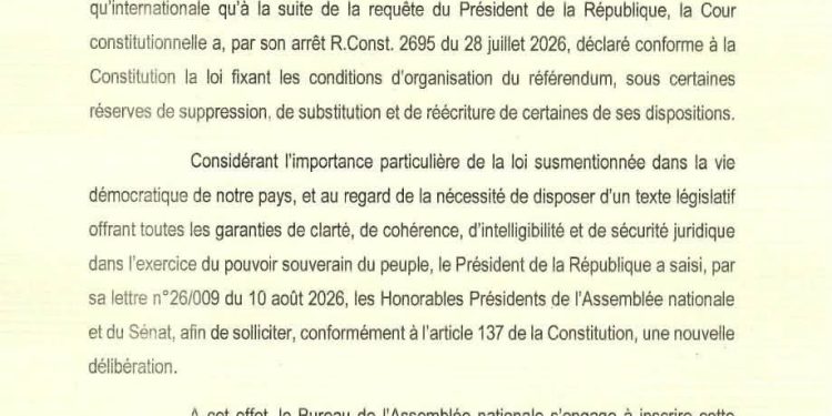 Loi référendaire en RDC : Félix Tshisekedi sollicite une nouvelle délibération au Parlement( document)