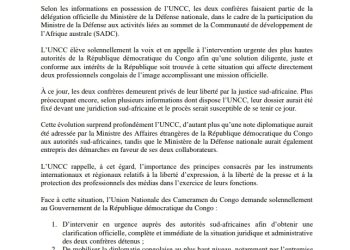 Afrique du Sud : l’UNCC exige une intervention urgente pour deux cameramen congolais détenus ( Communiqué de Presse)