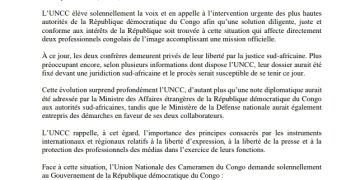 Afrique du Sud : l’UNCC exige une intervention urgente pour deux cameramen congolais détenus ( Communiqué de Presse)