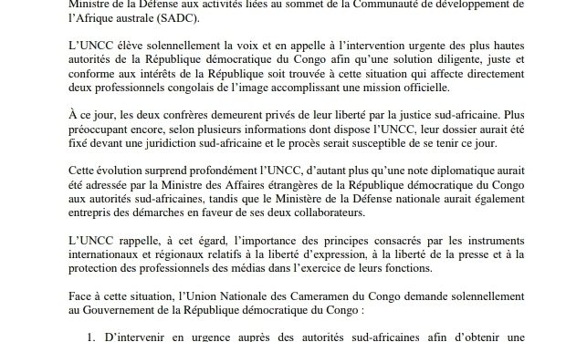 Afrique du Sud : l’UNCC exige une intervention urgente pour deux cameramen congolais détenus ( Communiqué de Presse)