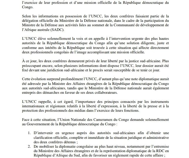 Afrique du Sud : l’UNCC exige une intervention urgente pour deux cameramen congolais détenus ( Communiqué de Presse)