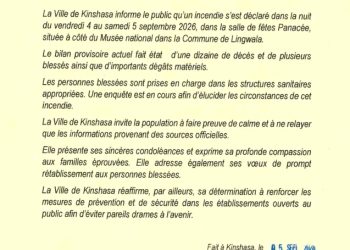 Kinshasa : une dizaine de morts dans l’incendie de la salle de fêtes Panacée à Lingwala(Communiqué officiel)