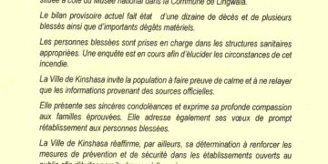 Kinshasa : une dizaine de morts dans l’incendie de la salle de fêtes Panacée à Lingwala(Communiqué officiel)