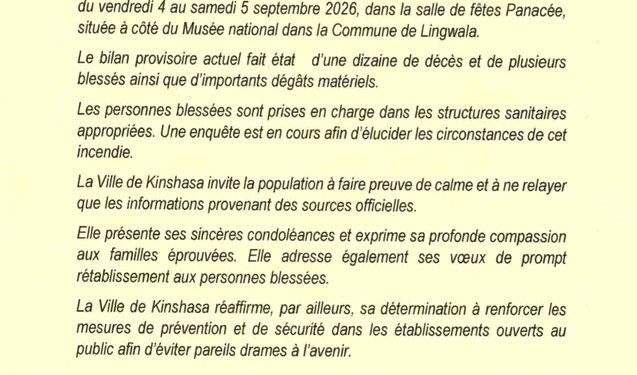 Kinshasa : une dizaine de morts dans l’incendie de la salle de fêtes Panacée à Lingwala(Communiqué officiel)