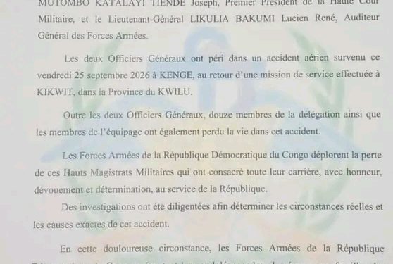 Accident aérien à Kenge : le général-major Sylvain Ekenge confirme le décès de deux hauts magistrats militaires