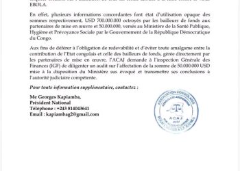RDC : l’ACAJ sollicite un audit de l’IGF sur les fonds destinés à la lutte contre Ebola