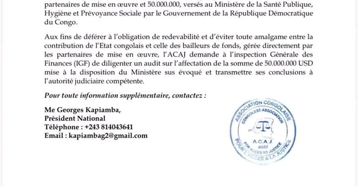 RDC : l’ACAJ sollicite un audit de l’IGF sur les fonds destinés à la lutte contre Ebola
